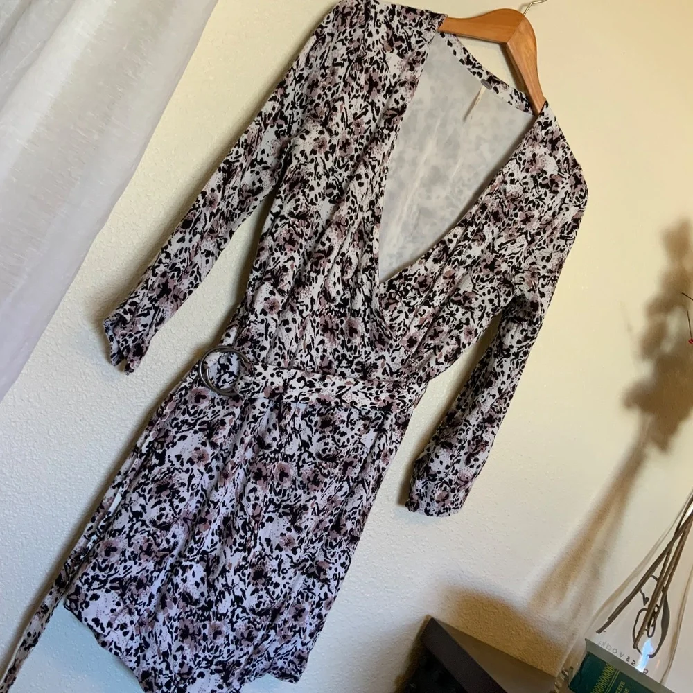 Free People Wrap Dress Leopard Print Pink Black Belted Size Medium
